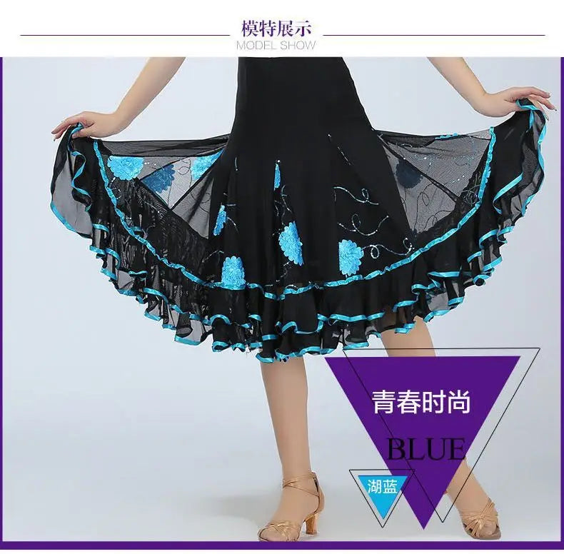 Square Dance/National Standard Modern Social Dance Big Swing Skirt Embroidered Square Dance Half Body Skirt Waltz Dance Skirt