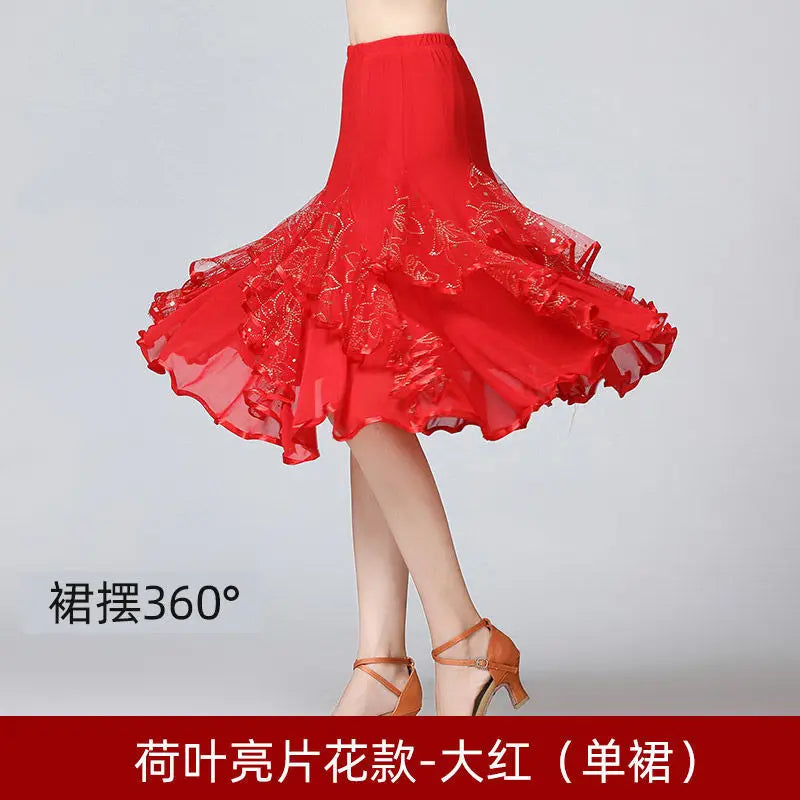 Square Dance/National Standard Modern Social Dance Big Swing Skirt Embroidered Square Dance Half Body Skirt Waltz Dance Skirt