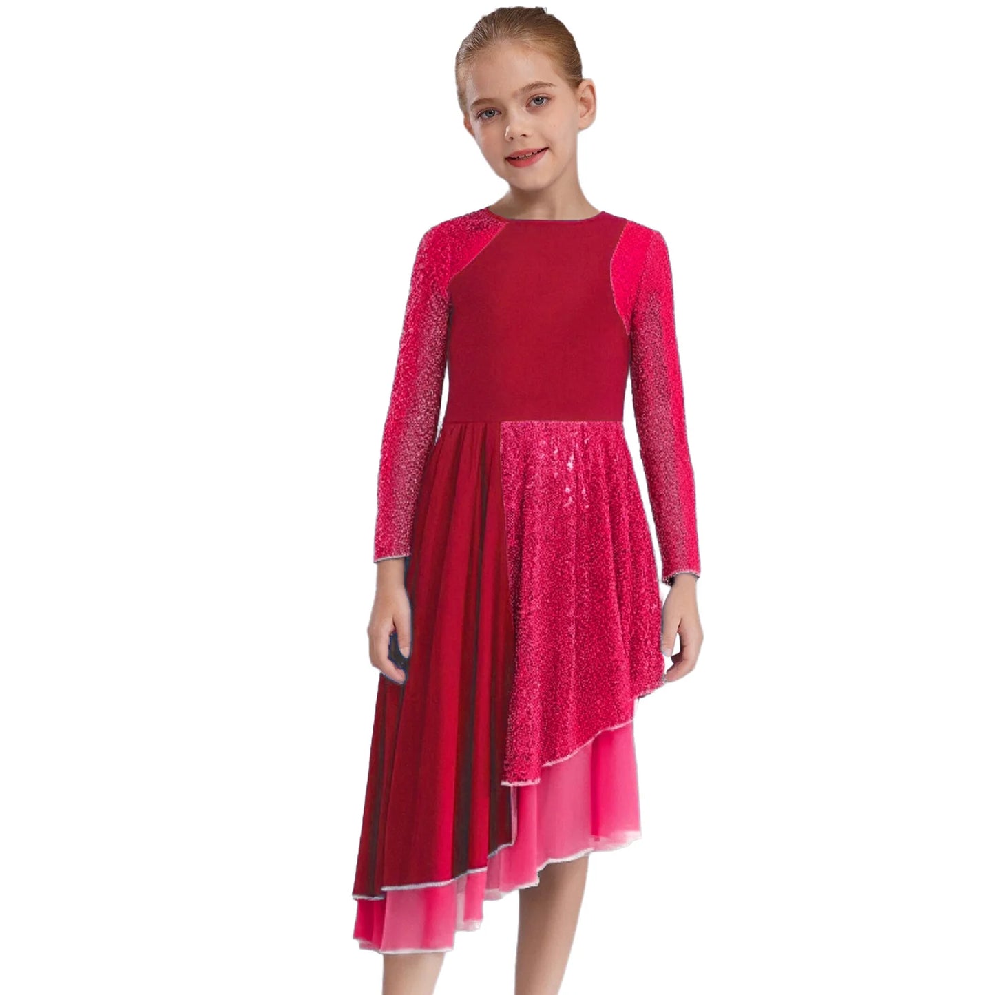 Vibrant Two-Tone Dance Dress with Sheer Lace Sleeves – Asymmetric Pink & Purple Gowns for Stage, Ballroom, and Showcases