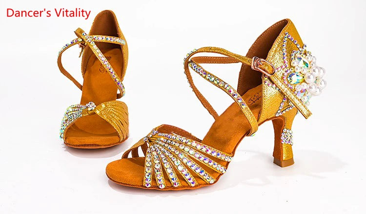 Latin Dance Shoes Female Adult Soft Sole with National Standard Professional Dance Shoes Diamond-studded Latin Shoes