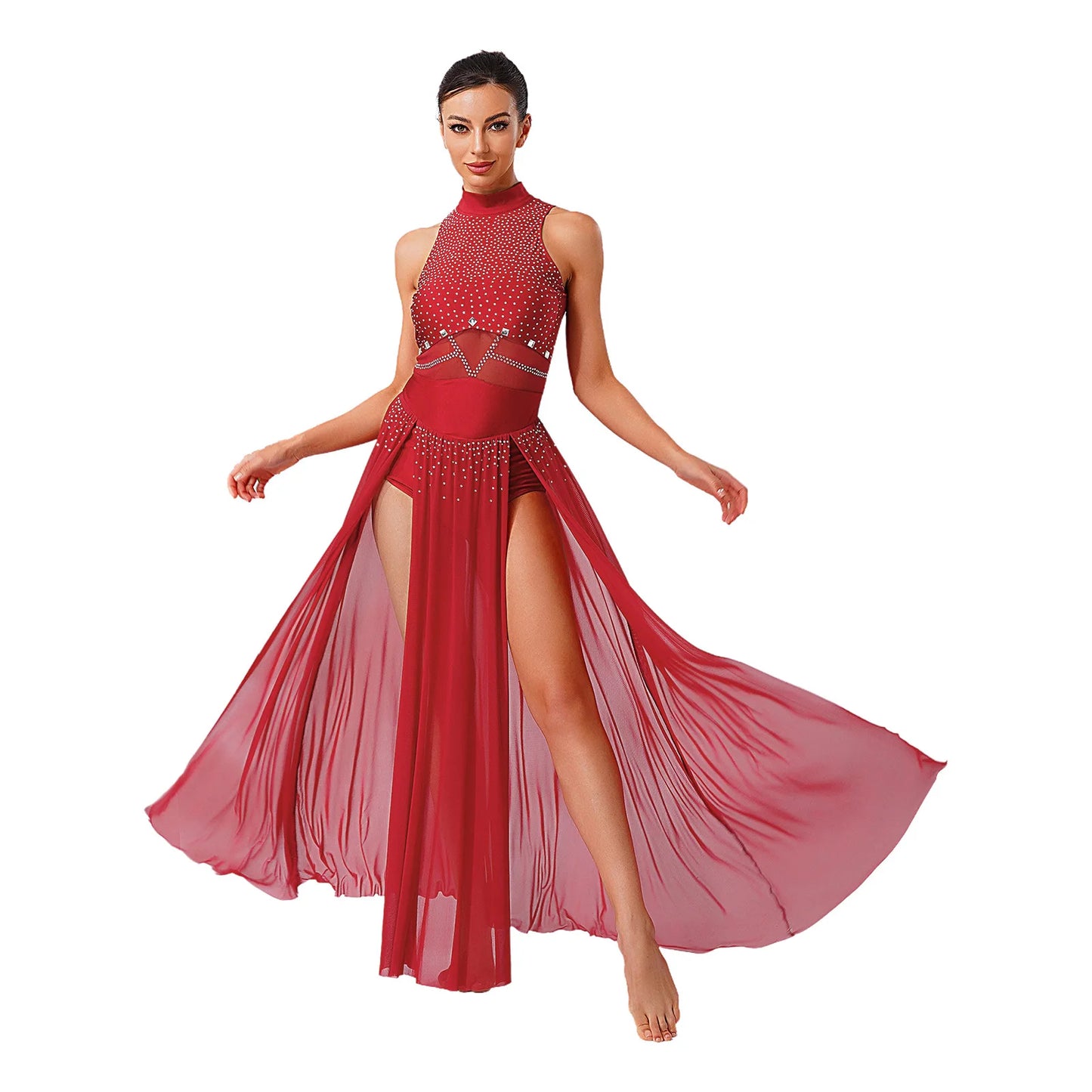 Womens Ballet Lyrical Dance Costumes Sequin Mesh Tulle Flowy Maxi Long Dress Built-In Briefs Morden Contemporary Dancewear