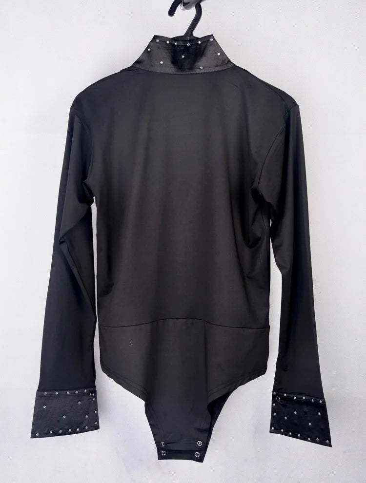 Men Latin Waltz Ballroom Dance Long Shirt Black White V-Neck Lace Leotard Bodysuit Cha-Cha Tango Rumba Dance Performance Shirts