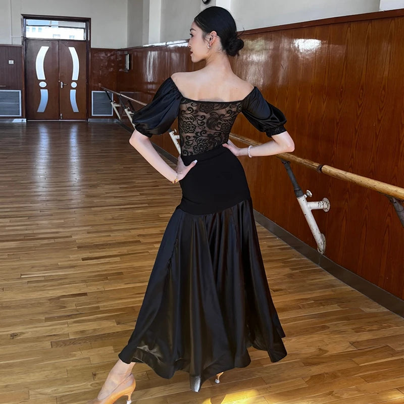 Ballroom Dress Women Performance Clothing Standard Modern Dance Outfit Lace Off Shoulder Dance Leotard Skirt Waltz Dress VBH1935