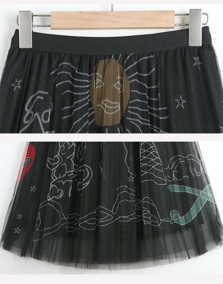 TFETTERS Pink Tulle Skirt Women Casual Graffiti Print Pleated Midi Skirt 2025 Spring and Summer Korean Fashion Women Clothing
