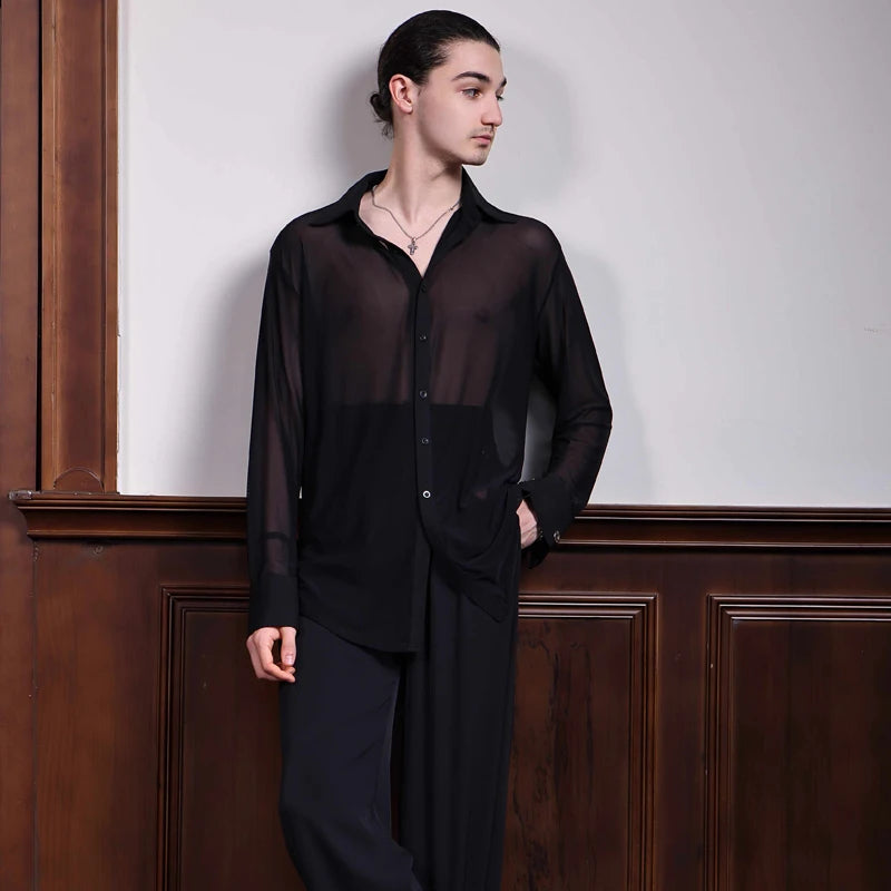 Black Mesh Ballroom Dance Top Men Long Sleeved Latin Dance Shirt Adults Samba Chacha Modern Dancing Tops Training Wear SL12058
