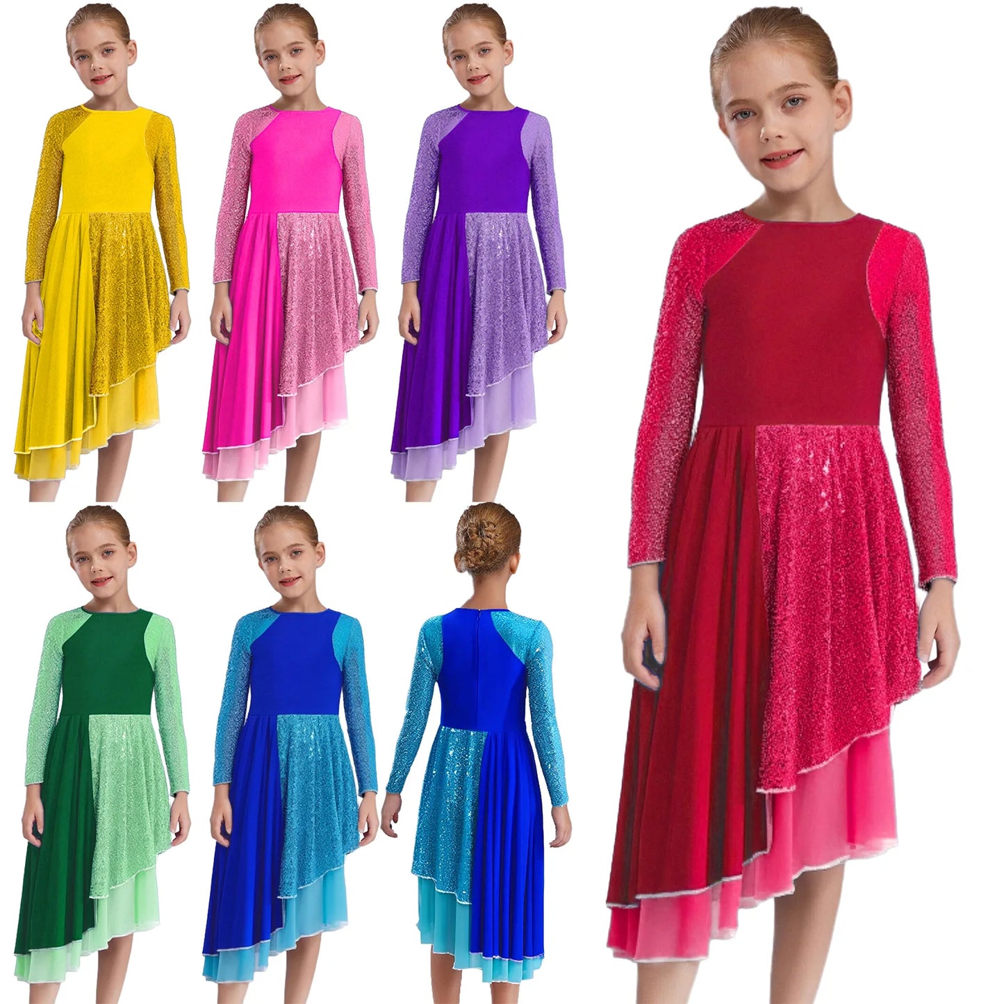 Vibrant Two-Tone Dance Dress with Sheer Lace Sleeves – Asymmetric Pink & Purple Gowns for Stage, Ballroom, and Showcases