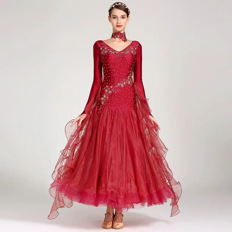Women Competition Standard Modern Dancing Clothes Long Sleeve Waltz Stage Costumes Ballroom Dance Dress