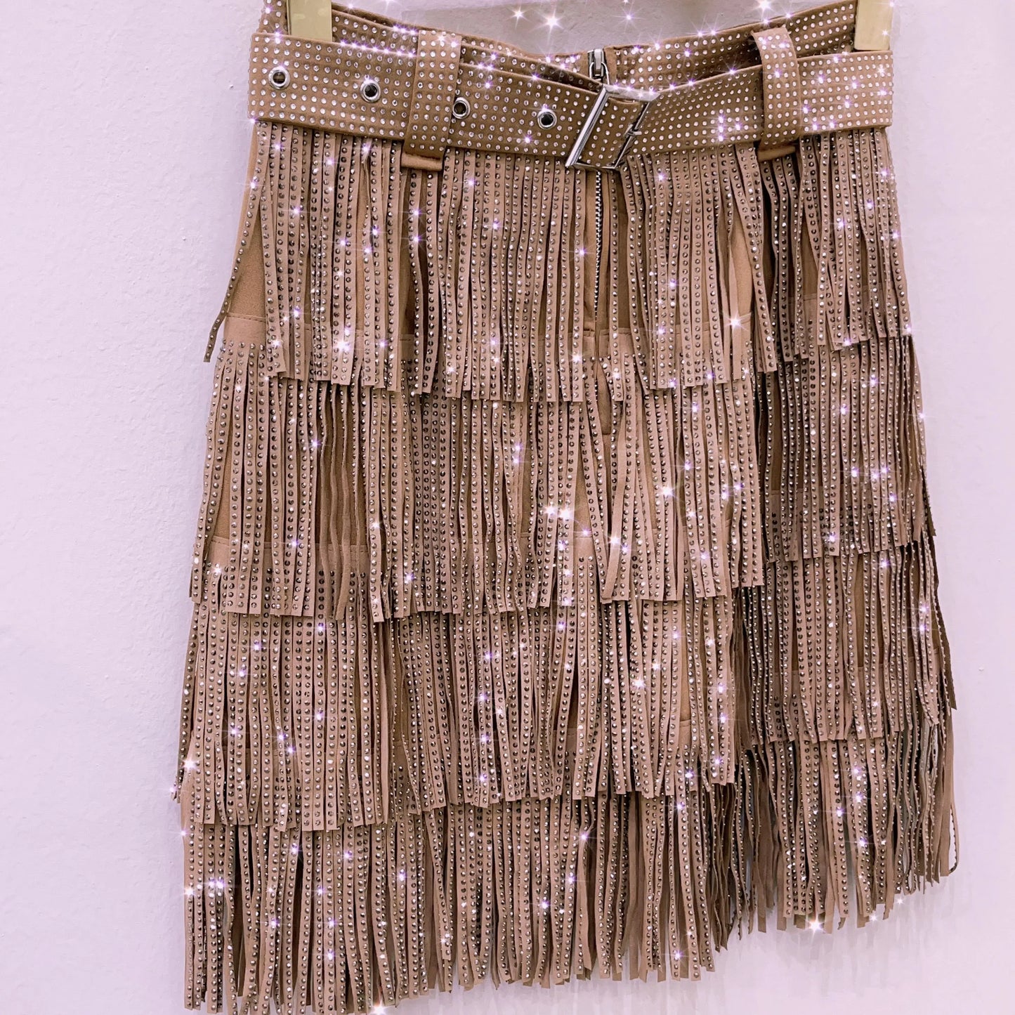 Women Skirt Fashion 2025 New Autumn High Waist Belt Multi Layer Short Heavy Drilling Rhinestones Fringed Skirt with Cake A Line