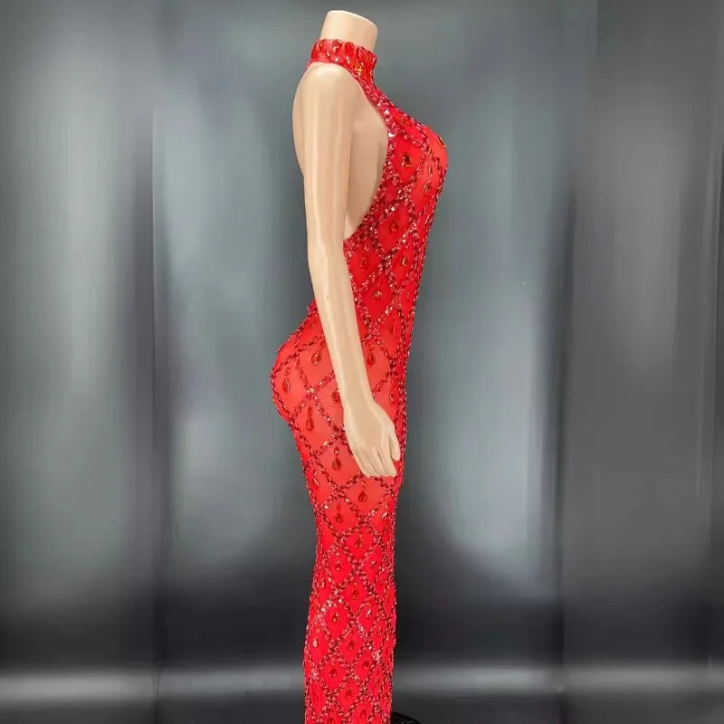 Customized Red Background Red Diamond Dress Nightclub Bar Female Singer DJDSgogo Performance Costume Stage Dress for Women