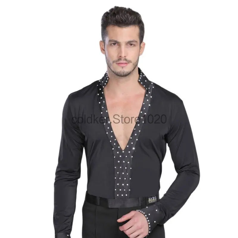 Men Latin Waltz Ballroom Dance Long Shirt Black White V-Neck Lace Leotard Bodysuit Cha-Cha Tango Rumba Dance Performance Shirts