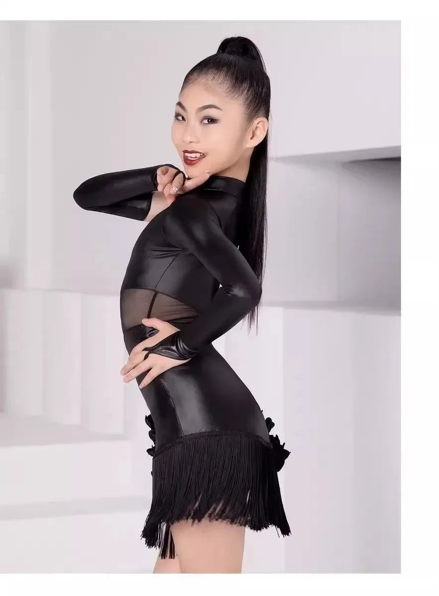 Girls Performance Costume One-Sleeve Black Fringe Skirt Kids Latin Dance Clothes Samba Cha-cha Competition Training Dress 2025