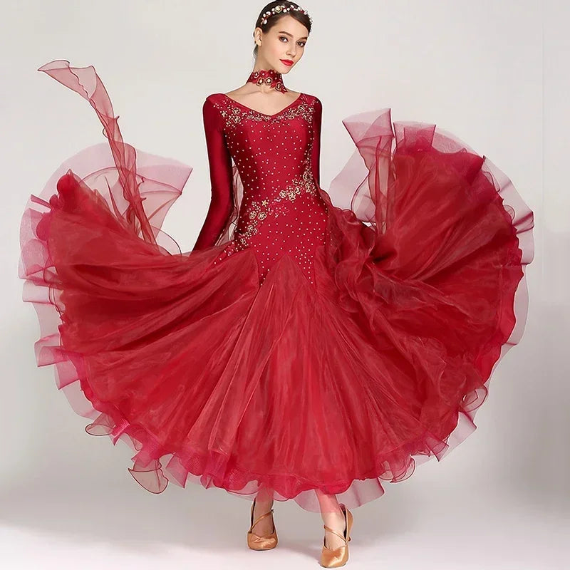 Women Competition Standard Modern Dancing Clothes Long Sleeve Waltz Stage Costumes Ballroom Dance Dress