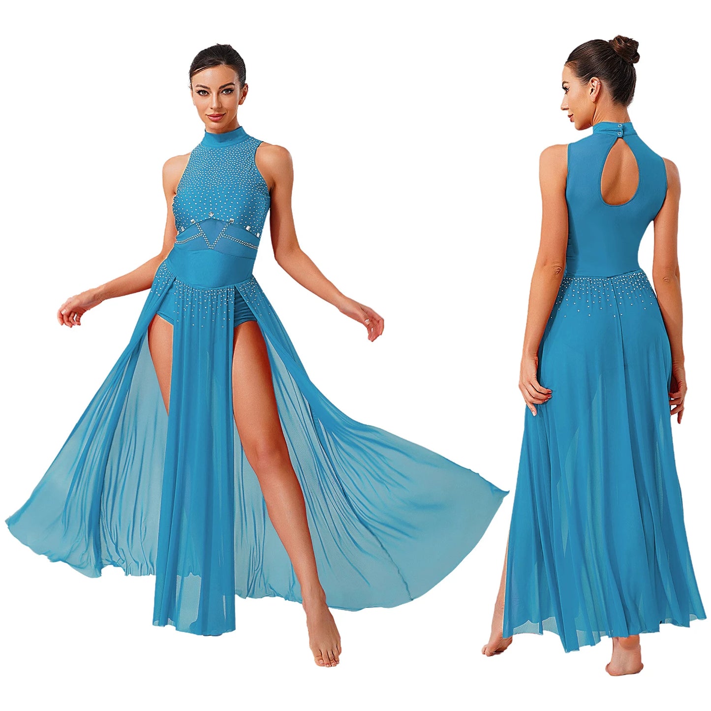 Womens Ballet Lyrical Dance Costumes Sequin Mesh Tulle Flowy Maxi Long Dress Built-In Briefs Morden Contemporary Dancewear