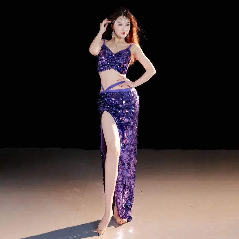 Emerald Green Sequin Skirt with Matching Crop Top – Sparkling Dance Dress, Stage Performance Gown, Ethereal Evening Ensemble