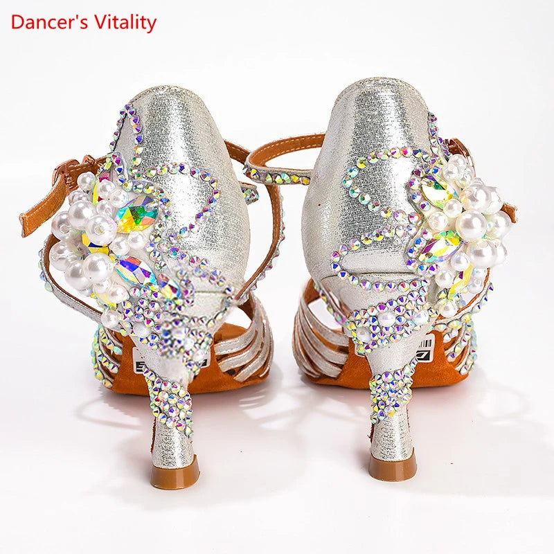Latin Dance Shoes Female Adult Soft Sole with National Standard Professional Dance Shoes Diamond-studded Latin Shoes