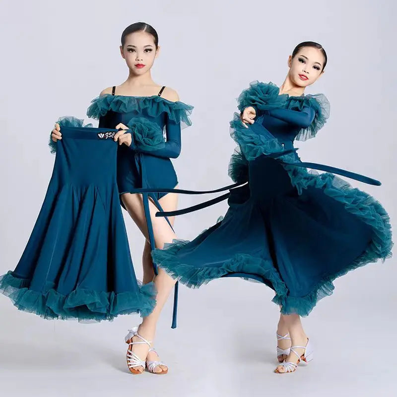 Customized Modern Dance Dress for Girls Kid's National Standard Dance Waltz Professional Competition Regulations Practice Skirt