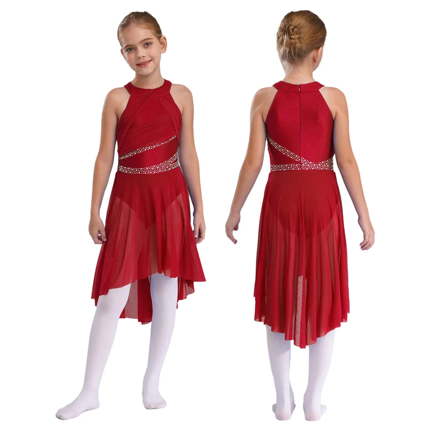 Kids Girls Rhythmic Gymnastics Ballet Lyrical Latin Dance Costume Rhinestone Ruched Leotard Waltz Tango Ballet Jersey Dresses