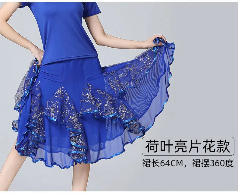 Square Dance/National Standard Modern Social Dance Big Swing Skirt Embroidered Square Dance Half Body Skirt Waltz Dance Skirt