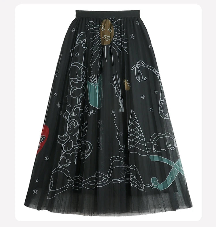 TFETTERS Pink Tulle Skirt Women Casual Graffiti Print Pleated Midi Skirt 2025 Spring and Summer Korean Fashion Women Clothing