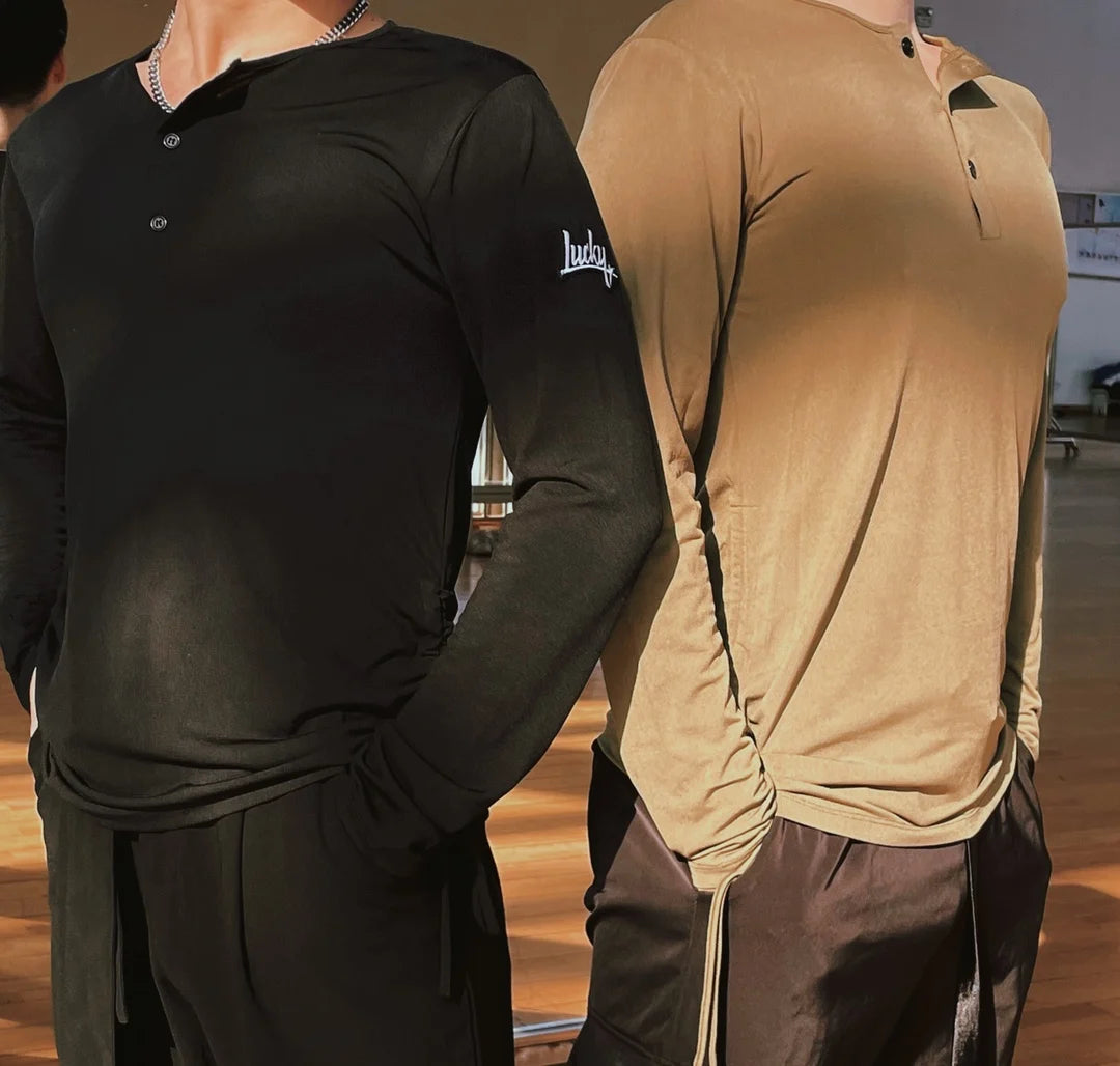 Men Long Sleeves Latin Dance Tops Round Neck Loose T Shirt Male Adult Cha Cha Rumba Salsa Dance Clothing Practice Wear DNV21958