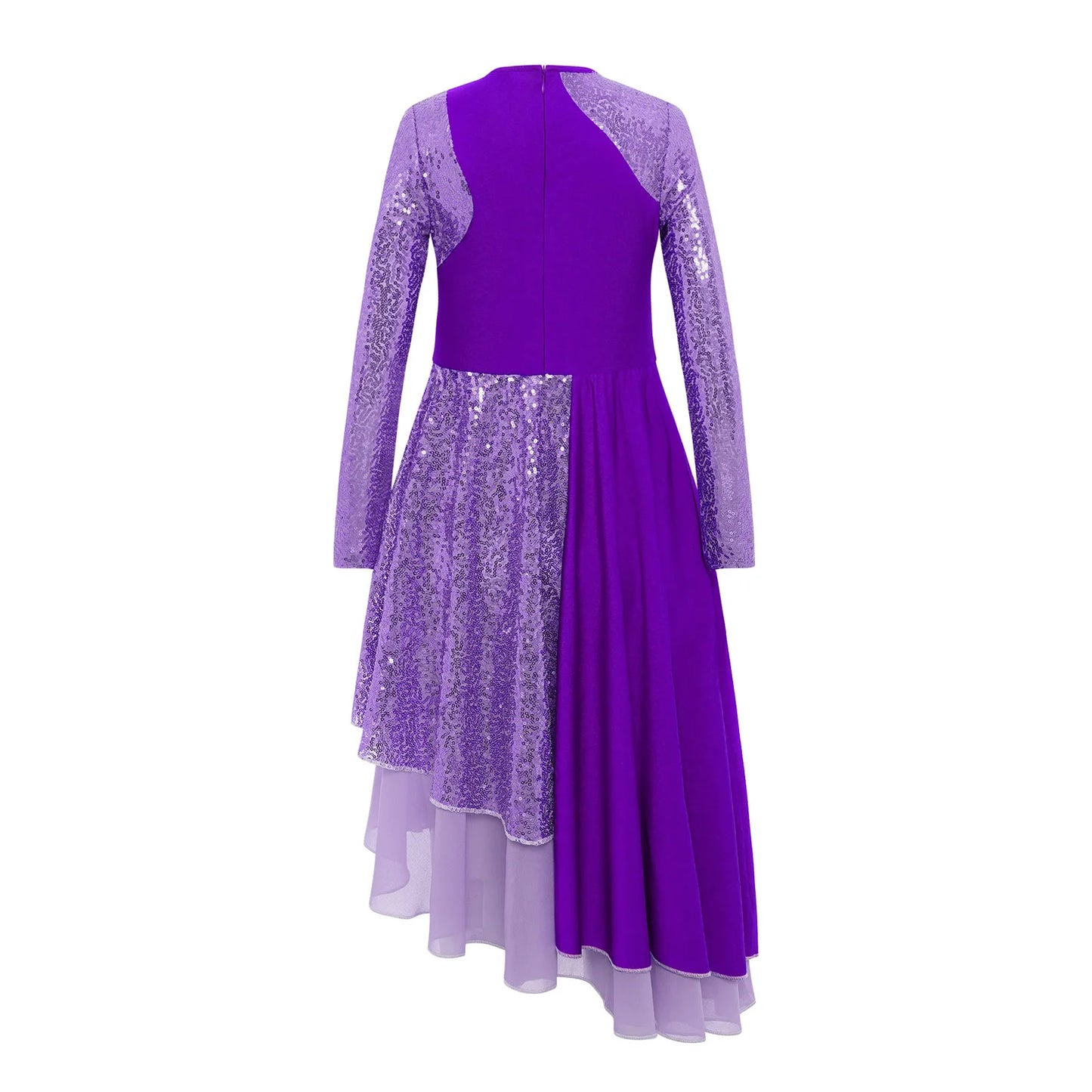 Vibrant Two-Tone Dance Dress with Sheer Lace Sleeves – Asymmetric Pink & Purple Gowns for Stage, Ballroom, and Showcases