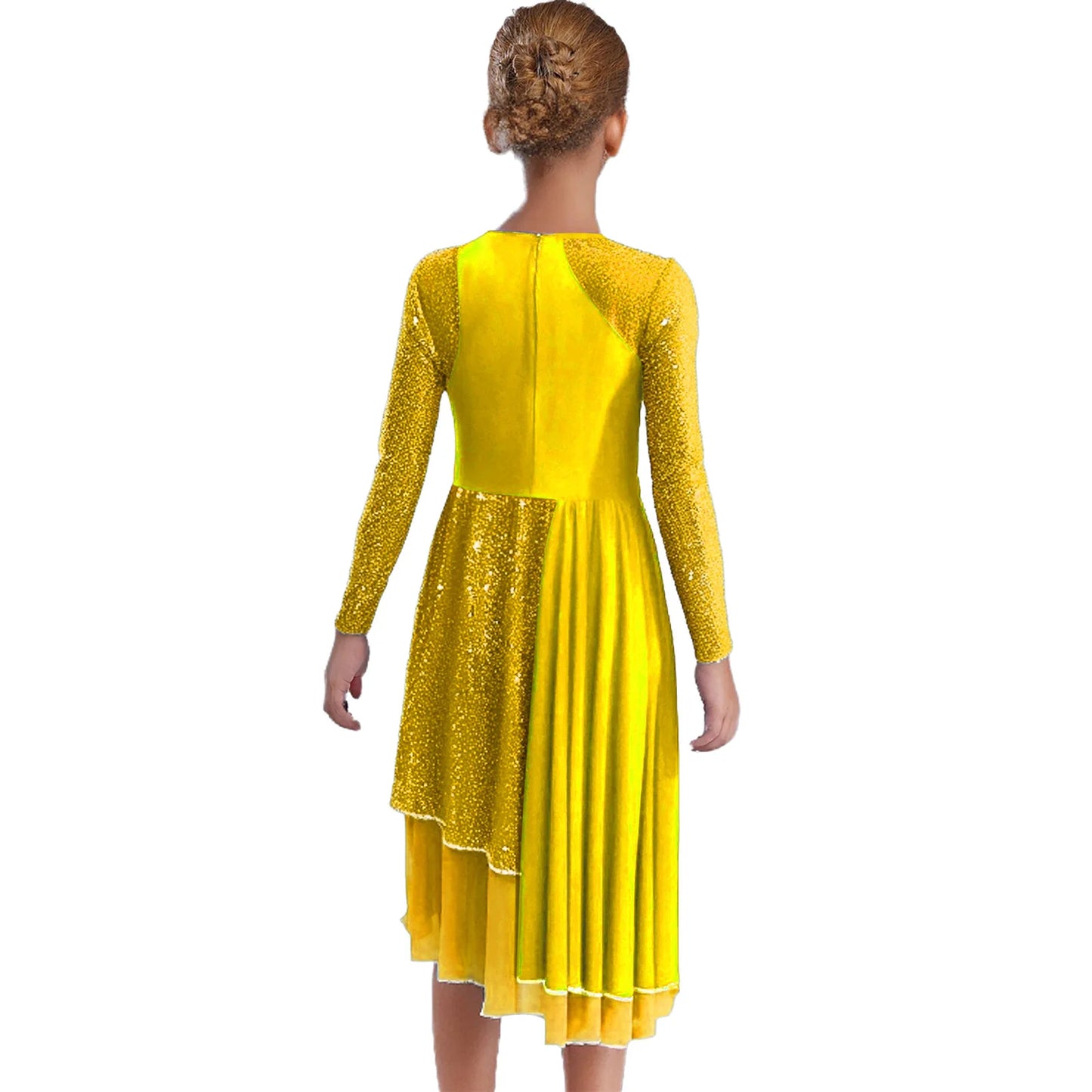 Vibrant Two-Tone Dance Dress with Sheer Lace Sleeves – Asymmetric Pink & Purple Gowns for Stage, Ballroom, and Showcases