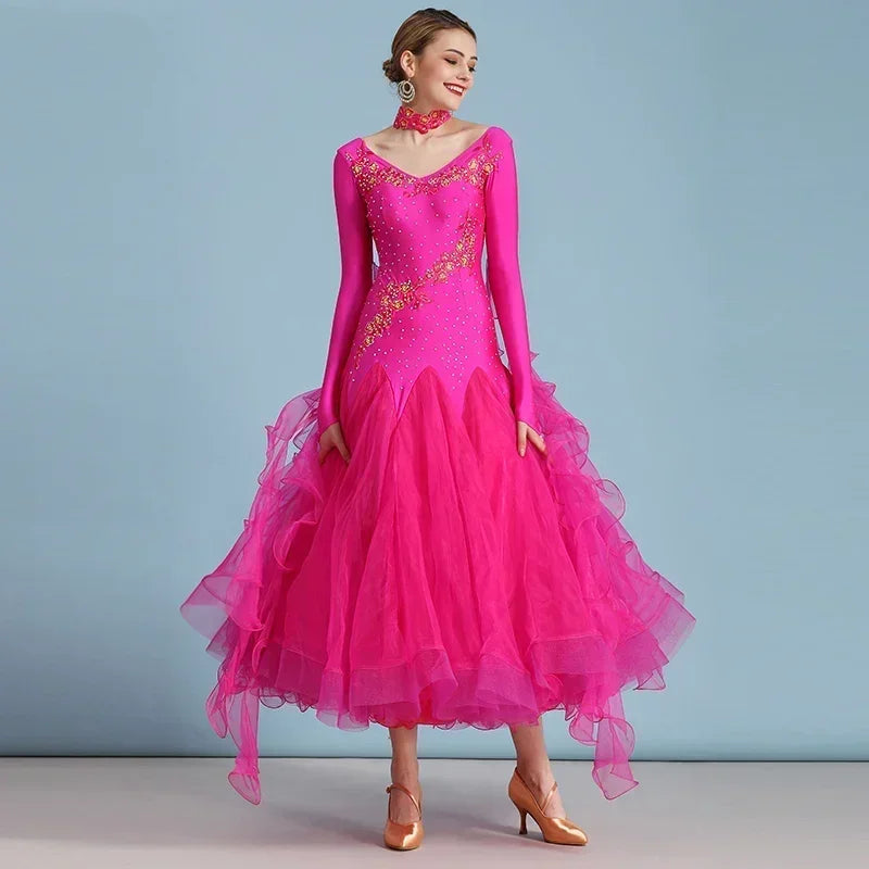 Women Competition Standard Modern Dancing Clothes Long Sleeve Waltz Stage Costumes Ballroom Dance Dress