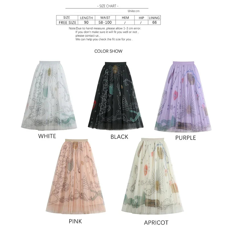 TFETTERS Pink Tulle Skirt Women Casual Graffiti Print Pleated Midi Skirt 2025 Spring and Summer Korean Fashion Women Clothing