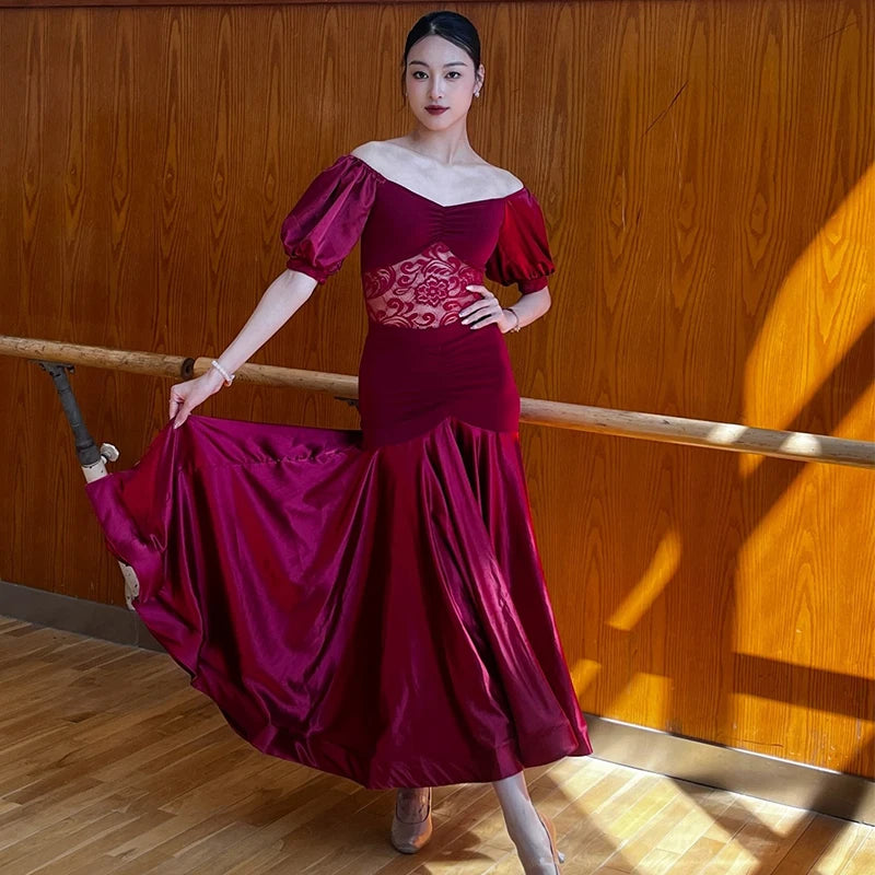 Ballroom Dress Women Performance Clothing Standard Modern Dance Outfit Lace Off Shoulder Dance Leotard Skirt Waltz Dress VBH1935