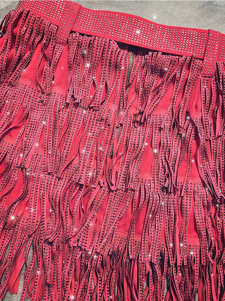 Women Skirt Fashion 2025 New Autumn High Waist Belt Multi Layer Short Heavy Drilling Rhinestones Fringed Skirt with Cake A Line