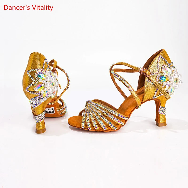 Latin Dance Shoes Female Adult Soft Sole with National Standard Professional Dance Shoes Diamond-studded Latin Shoes