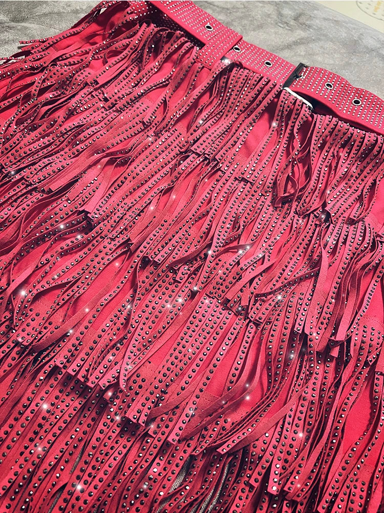 Women Skirt Fashion 2025 New Autumn High Waist Belt Multi Layer Short Heavy Drilling Rhinestones Fringed Skirt with Cake A Line