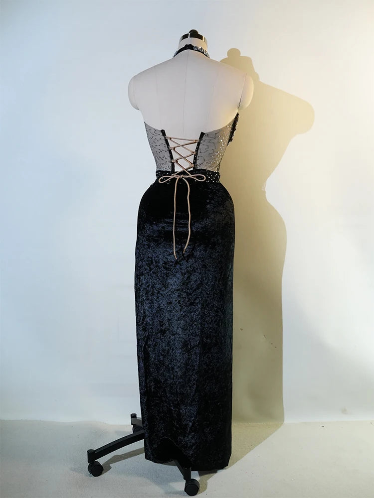 Glamorous Diamond Dance Dress Women Sexy Long Skirt Stage Costume Singer Performance Outfit Elastic Waist GoGo Nightclub Wear