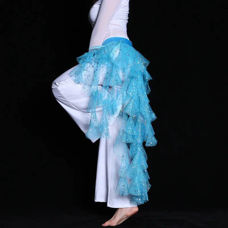 Women's Belly Dance Mesh Sequins Hip Scarf Wrap Skirts High Low Ruffle Mesh Waist Chain Belt Party Dance Costume Accessories