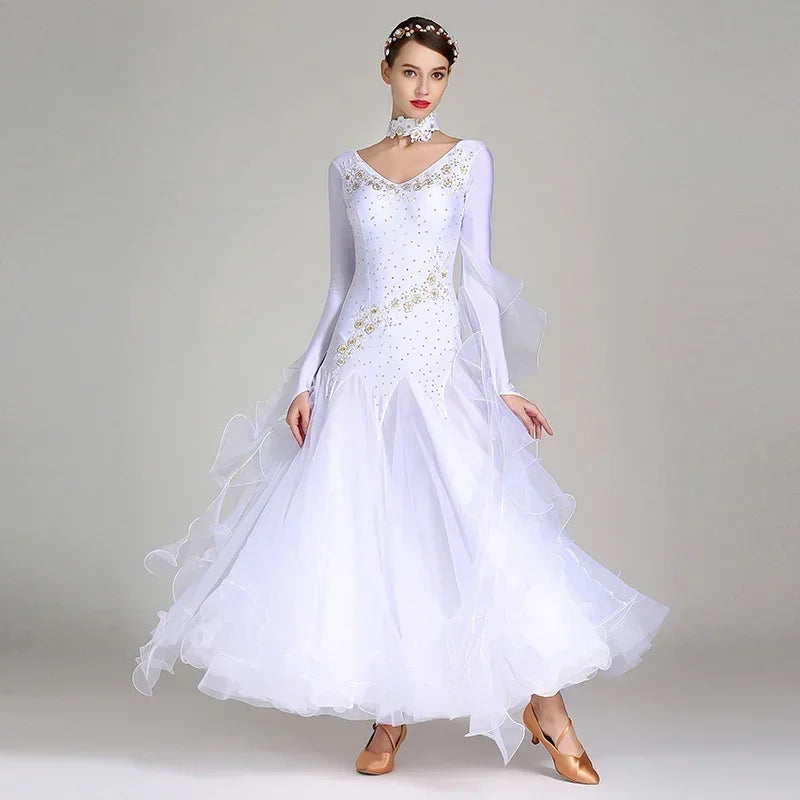 Women Competition Standard Modern Dancing Clothes Long Sleeve Waltz Stage Costumes Ballroom Dance Dress