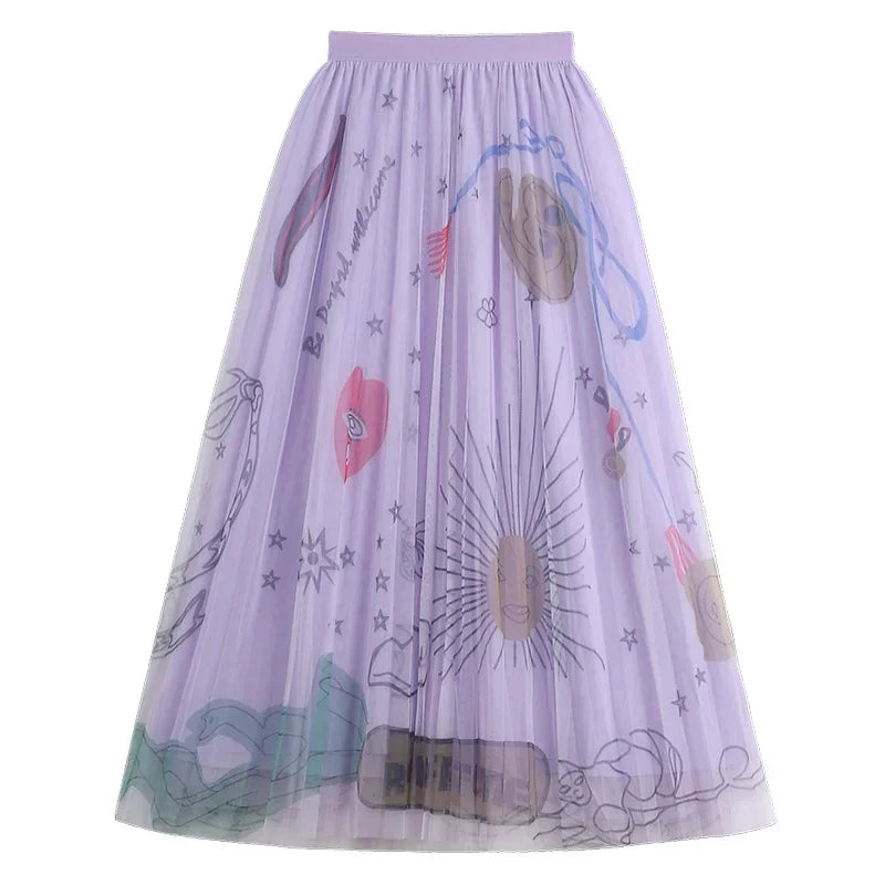 TFETTERS Pink Tulle Skirt Women Casual Graffiti Print Pleated Midi Skirt 2025 Spring and Summer Korean Fashion Women Clothing