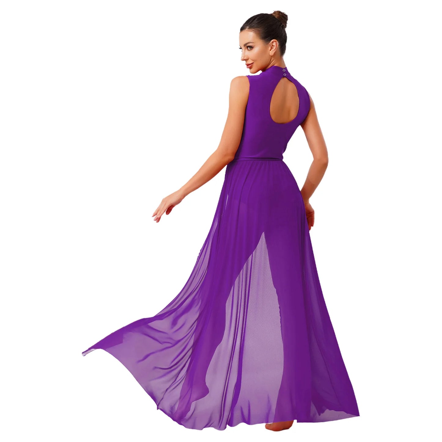 Womens Ballet Lyrical Dance Costumes Sequin Mesh Tulle Flowy Maxi Long Dress Built-In Briefs Morden Contemporary Dancewear