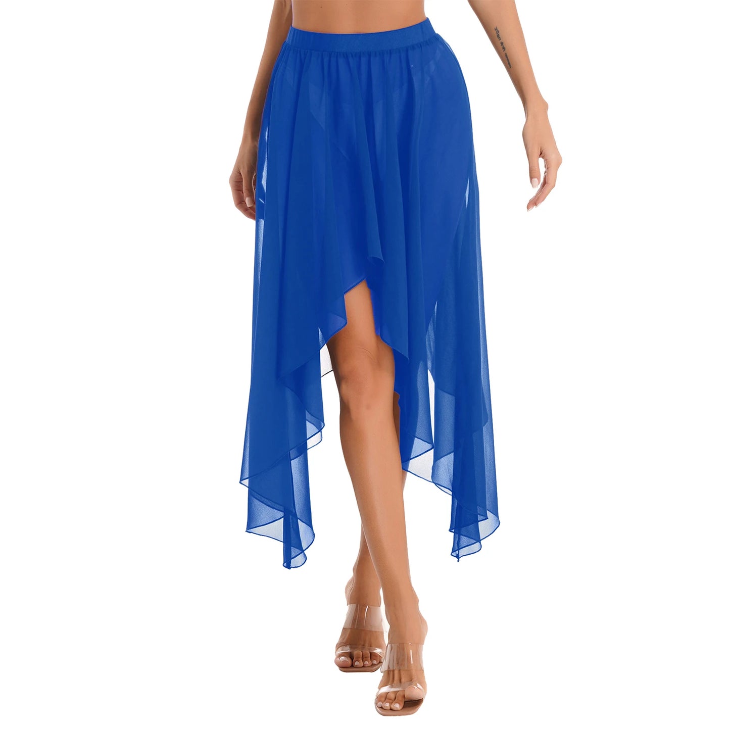Women Adult Ballet Training Clothes Asymmetrical Sheer Chiffon Skirts Girls Middle Mesh Skirt Tulle Skirt Dance Stage Costume