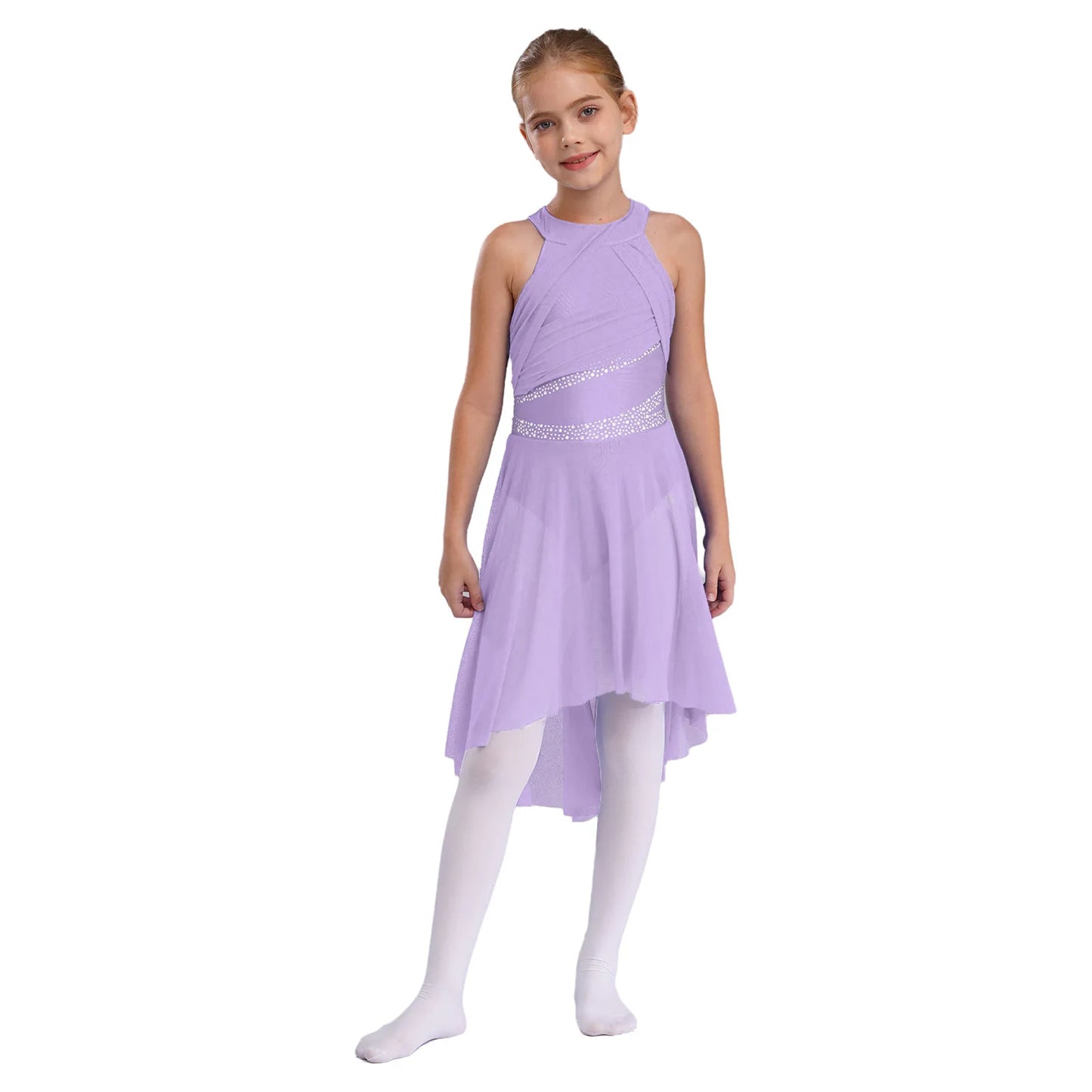 Kids Girls Rhythmic Gymnastics Ballet Lyrical Latin Dance Costume Rhinestone Ruched Leotard Waltz Tango Ballet Jersey Dresses