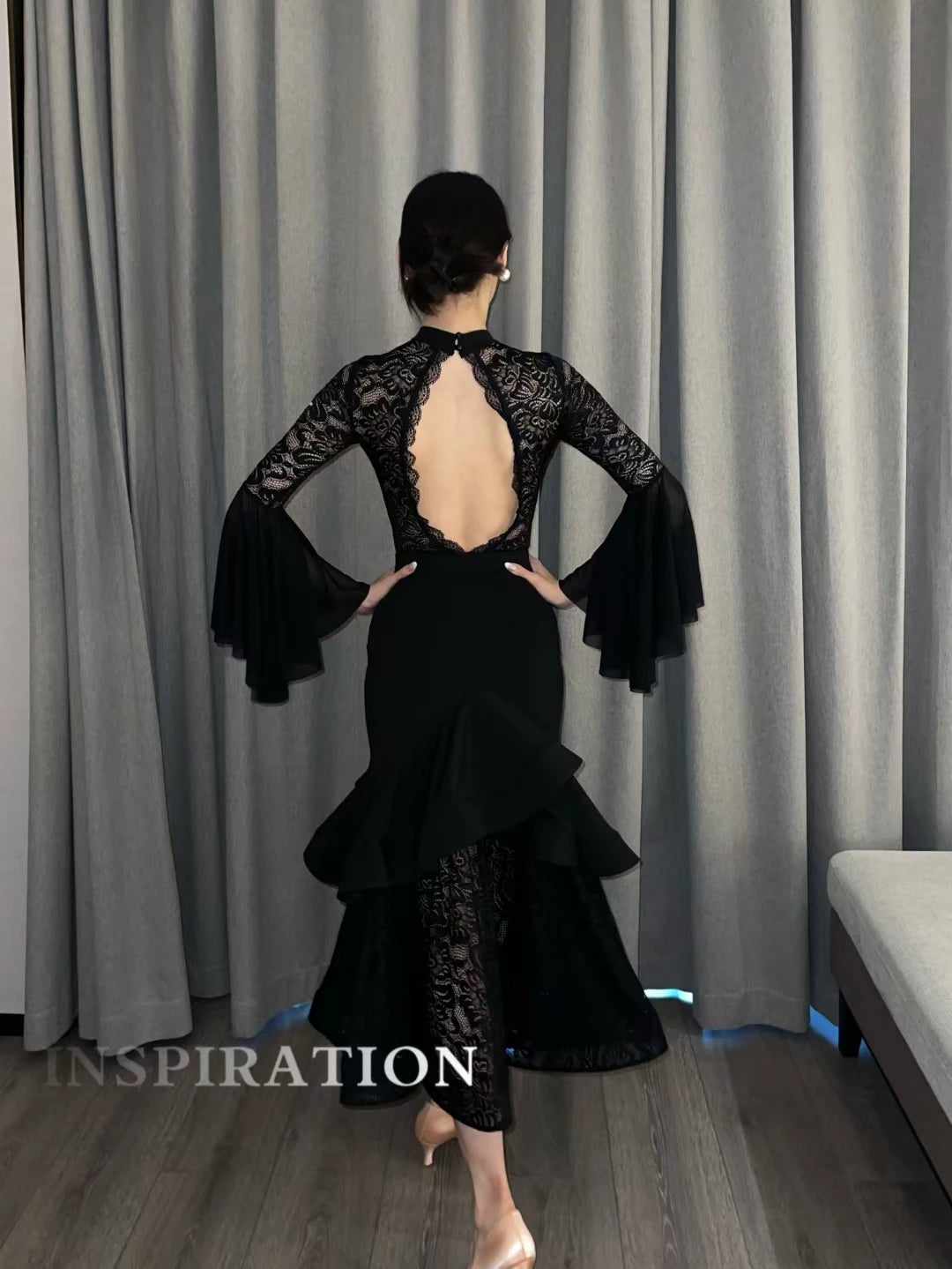 2024 Ballroom Dance Clothes Women Black Lace Tops Fishbone Skirt Long Sleeves Competition Dress Adult Waltz Dance Costume L13955