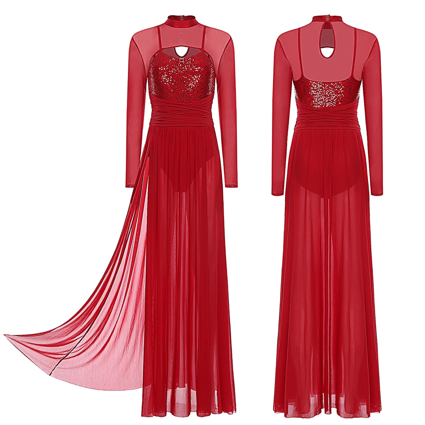 Womens Ballet Lyrical Dance Costumes Sequin Mesh Tulle Flowy Maxi Long Dress Built-In Briefs Morden Contemporary Dancewear