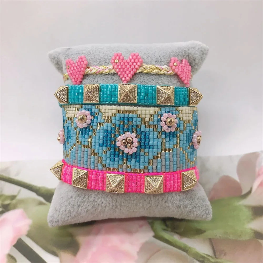 ZHONGVI Boho MIYUKI Tassel Bracelet Armband with 3D Flower Design Warped Rivet Bileklik for Women Fashionable Jewelry Gift