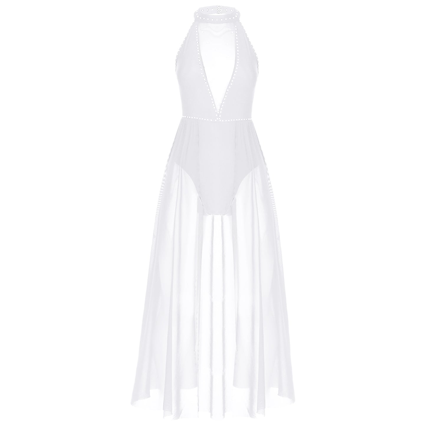 Elegant White Halter Bodysuit with Sheer Mesh Insert and Flowing Cape – Bridal Couture, Resort Wear, Photogenic Runway Gown