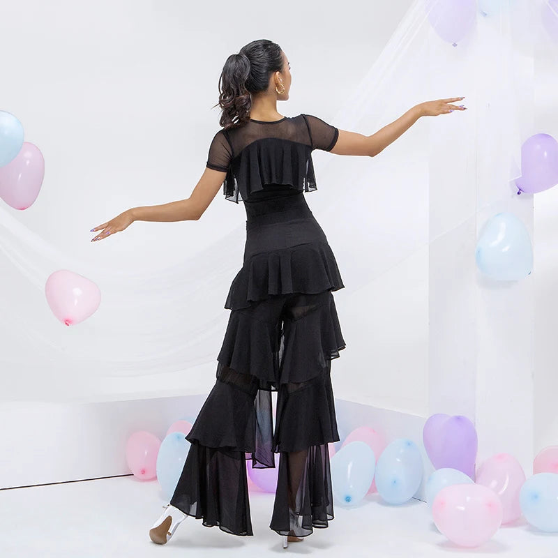Latin Practice Clothes Modern Dance Pants Women'S High Waist Four-Layer Ruffled Trousers National Standard Dance Costumes SL4863