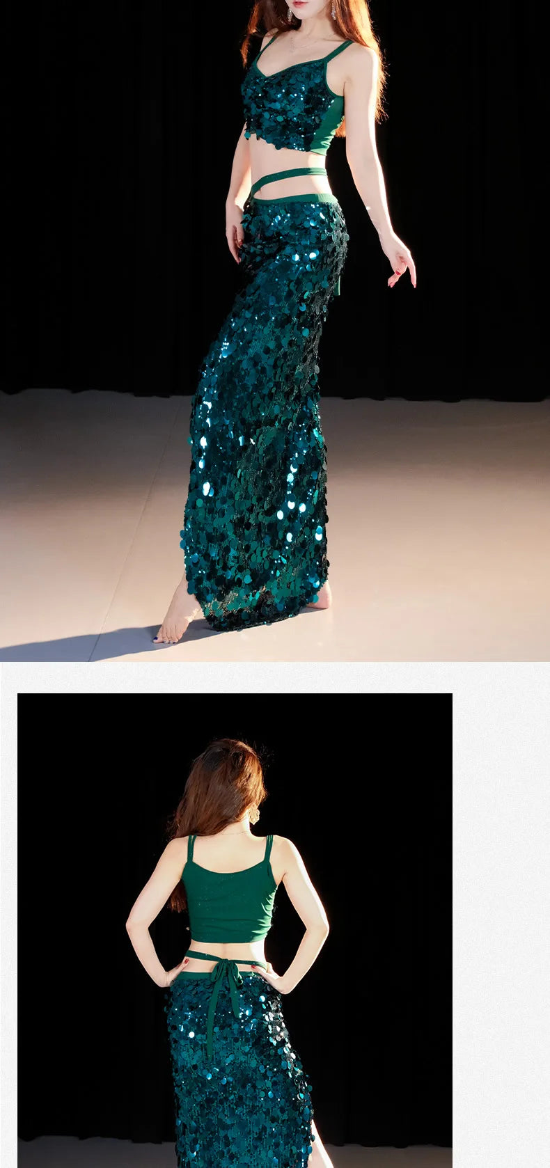 Emerald Green Sequin Skirt with Matching Crop Top – Sparkling Dance Dress, Stage Performance Gown, Ethereal Evening Ensemble