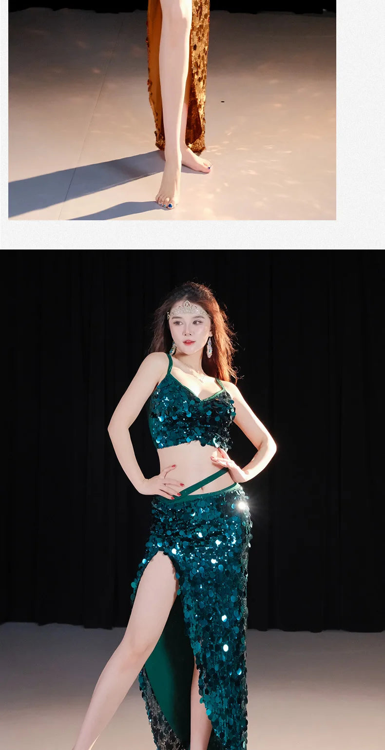 Emerald Green Sequin Skirt with Matching Crop Top – Sparkling Dance Dress, Stage Performance Gown, Ethereal Evening Ensemble