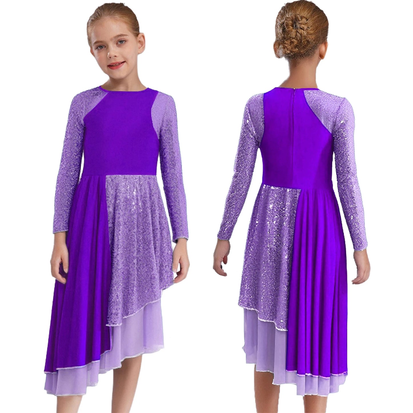Vibrant Two-Tone Dance Dress with Sheer Lace Sleeves – Asymmetric Pink & Purple Gowns for Stage, Ballroom, and Showcases