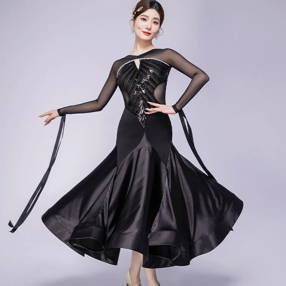 Stage Costume Streamers Standard Dance Dresses Competition Waltz Ballroom Dress for Competition Elegant Purple Long Sleeves Red
