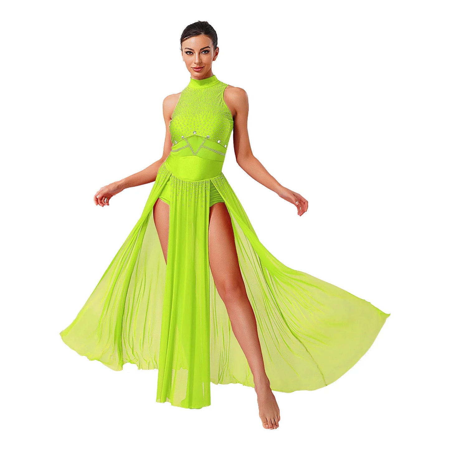 Womens Ballet Lyrical Dance Costumes Sequin Mesh Tulle Flowy Maxi Long Dress Built-In Briefs Morden Contemporary Dancewear