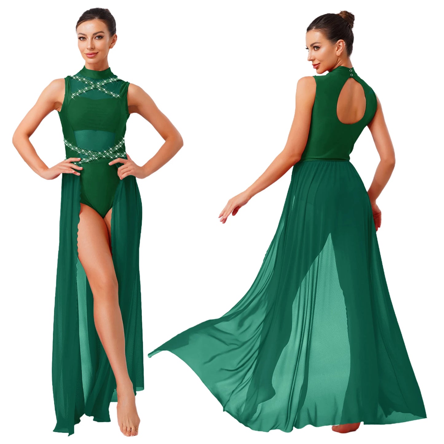 Womens Ballet Lyrical Dance Costumes Sequin Mesh Tulle Flowy Maxi Long Dress Built-In Briefs Morden Contemporary Dancewear